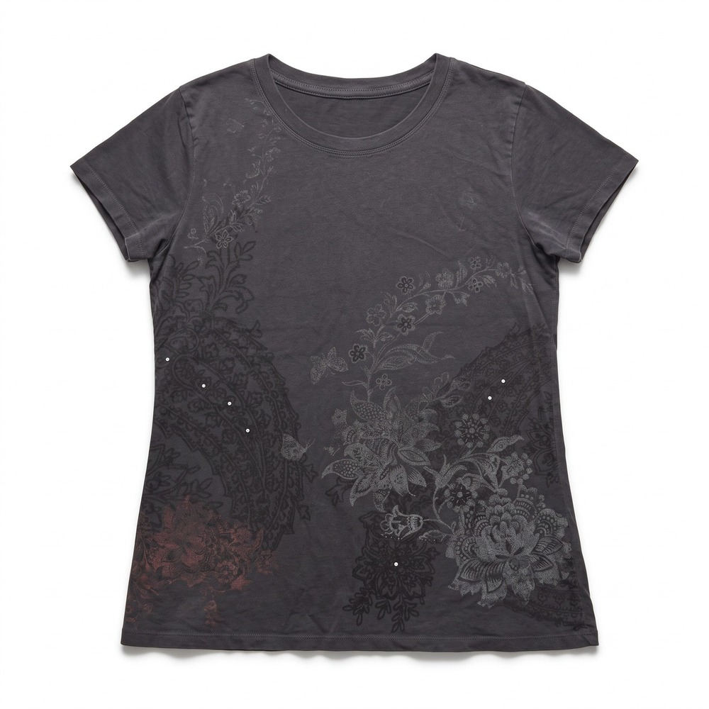 Sonoma Life + Style Womens M Charcoal Graphic Tee Floral Rhinestone